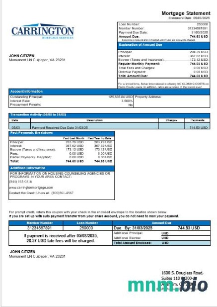 USA Carrington Mortgage Services wyciąg z kredytu hipotecznego w formatach Word i PDF